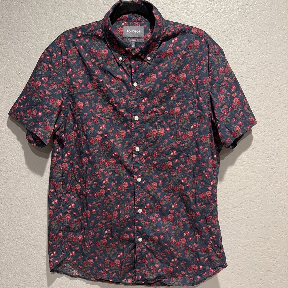 BONOBOS Mens L Floral Navy Purple Pink Cotton short sleeved SLIM Preppy Beach
